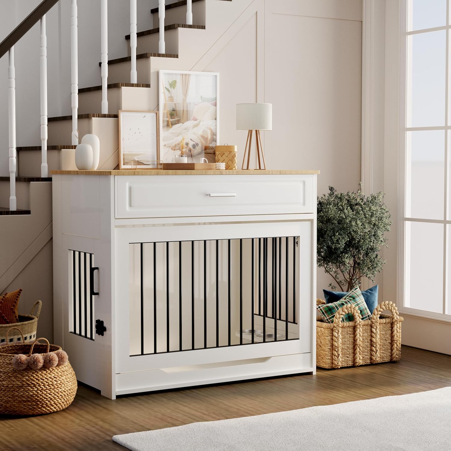 2026 SalesWooden dog cage furniture, indoor kennel, with flip-up door, 360° rotating dog bowl and storage drawer, suitable for medium to large-sized dogs, durable dog cage, white.