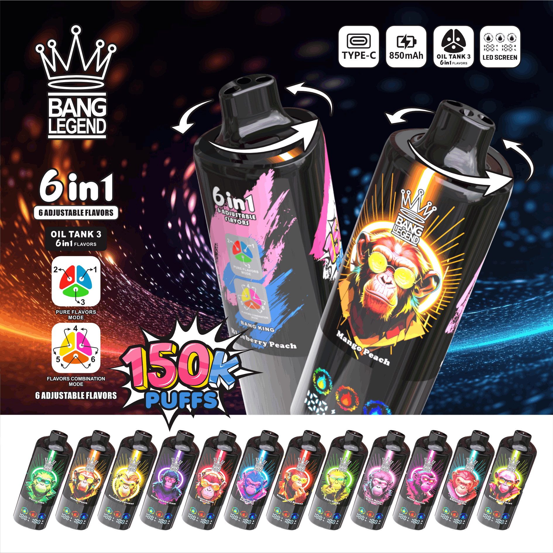 New Bang Legend 150000 150K Puffs 6 in 1 Flavors Newest Original Rechargeable LED Display Disposable Vape