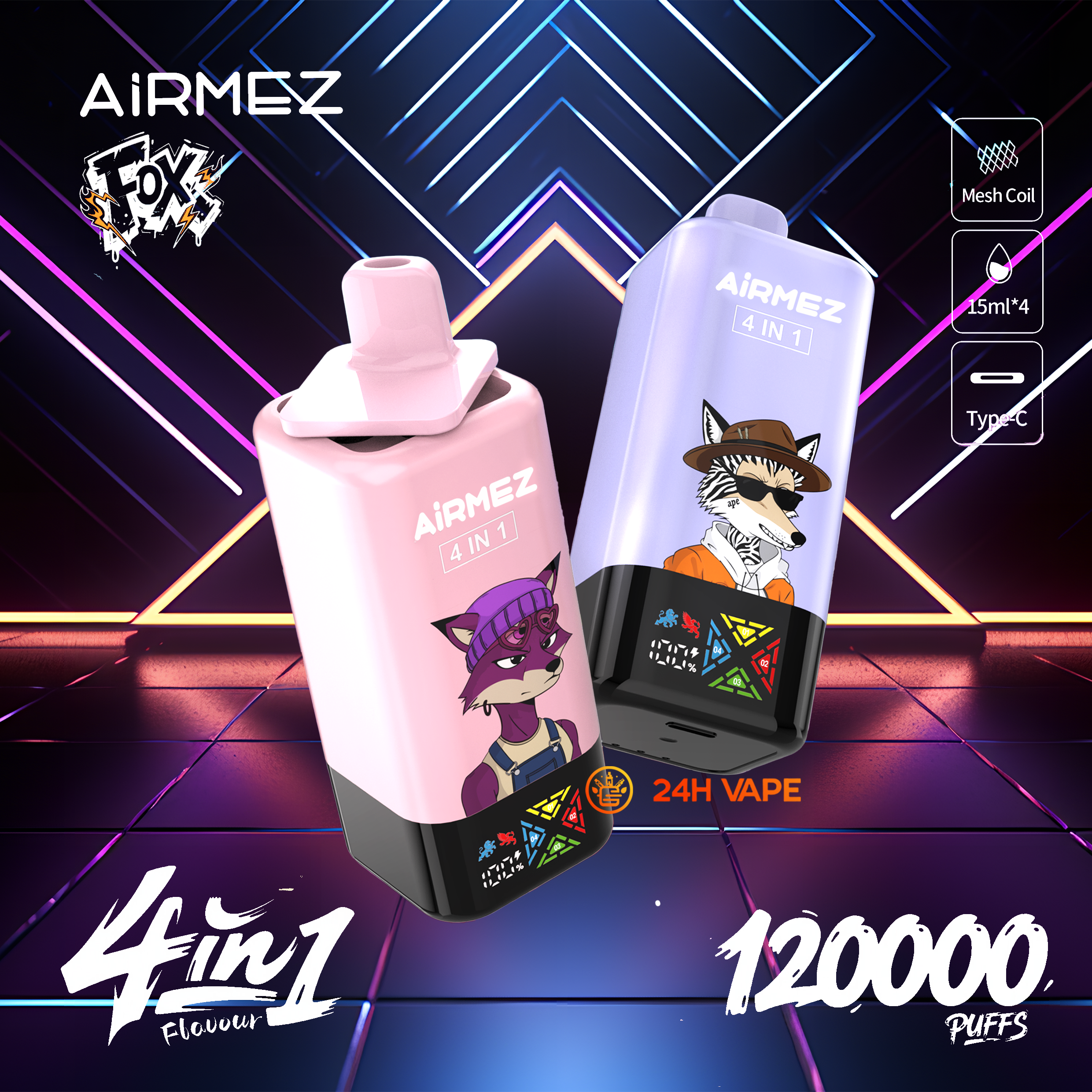 (New product promotion)Airmez Fox 120K Puffs 4 in 1 Flavors Newest Original Rechargeable LCD Display Disposable Vape product image