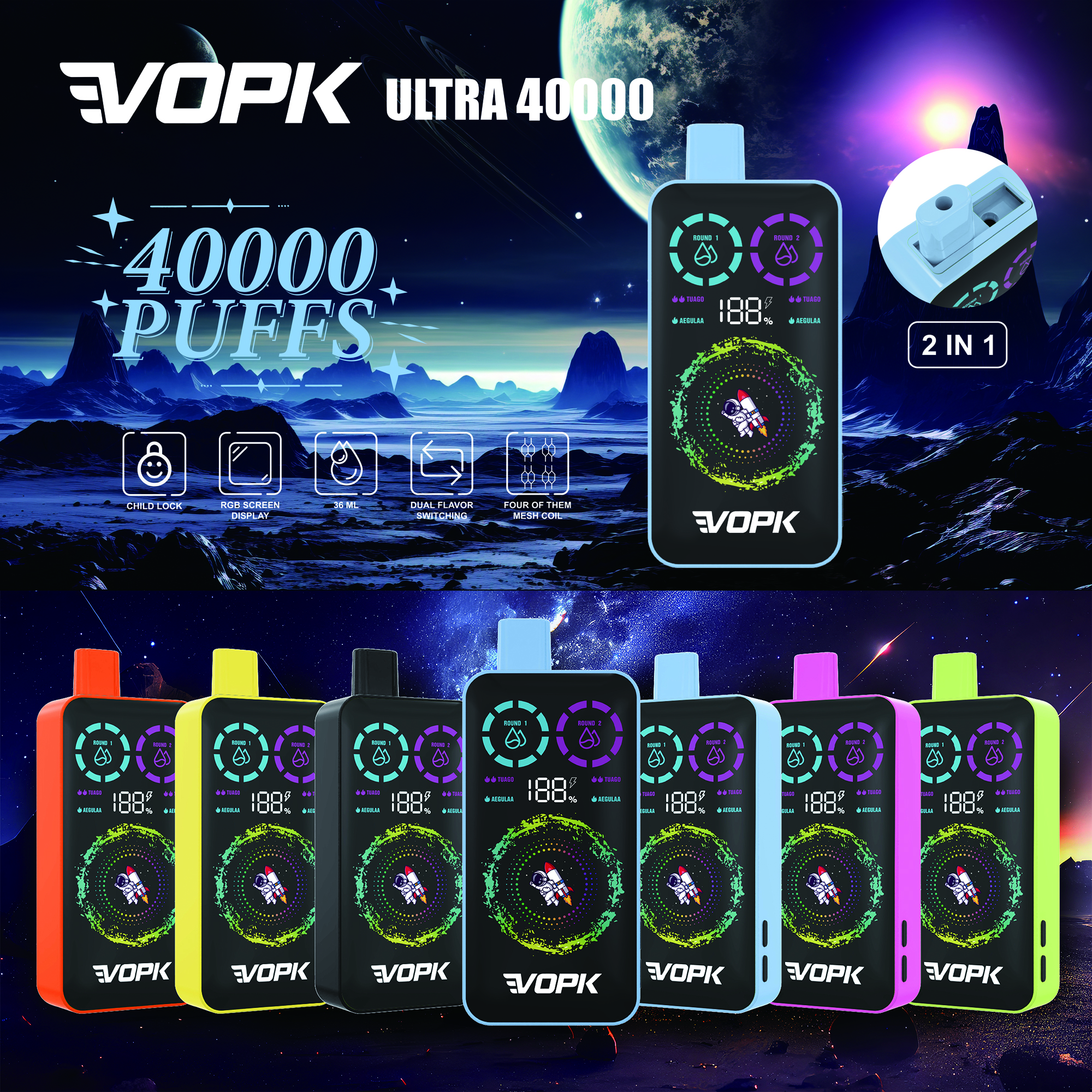 VOPK ULTRA 40000 40K Puffs Double Taste RGD Screen Display Disposable Vape product image
