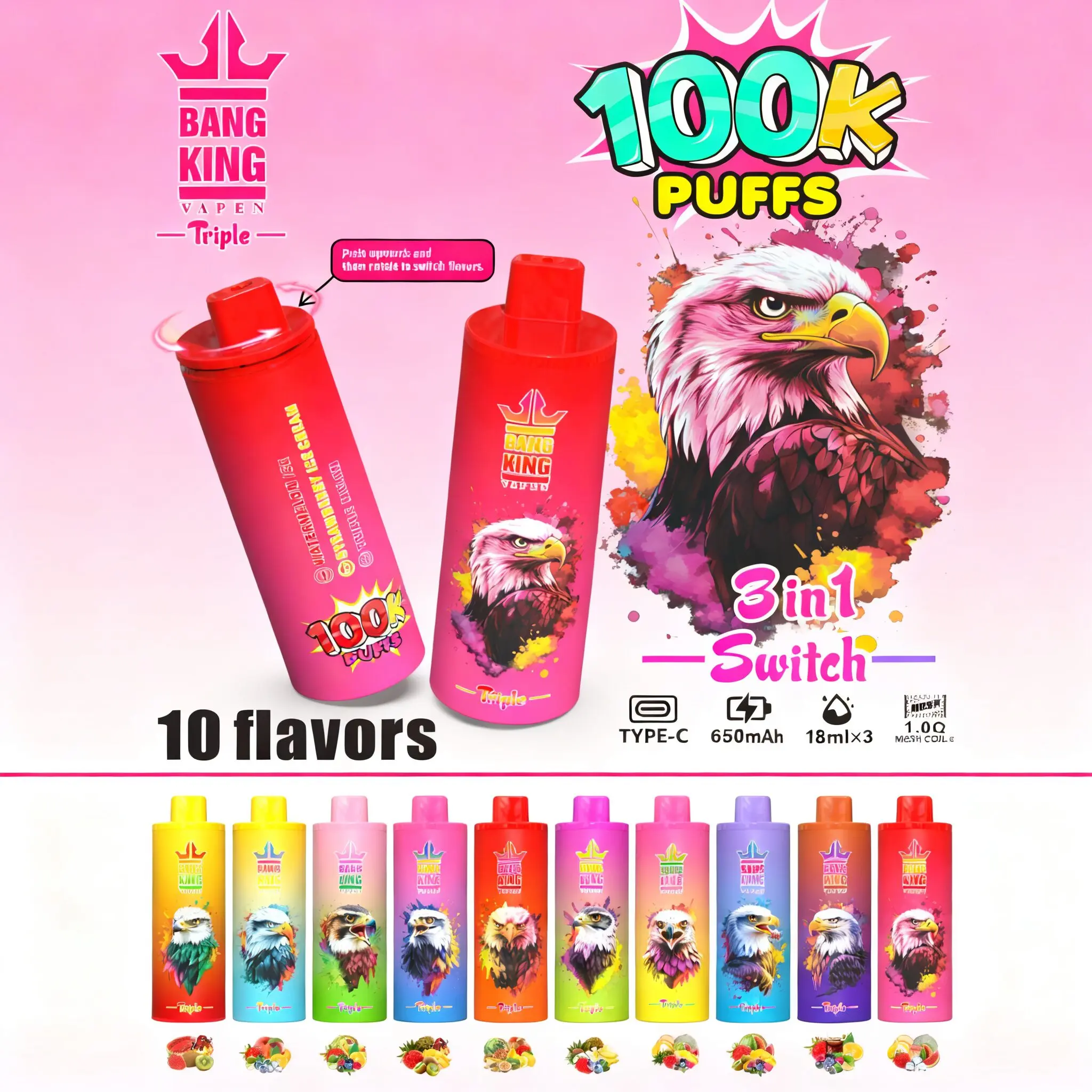Bang King Triple 100000 100K Puffs 3 in 1 Flavors Original Rechargeable Disposable Vape product image