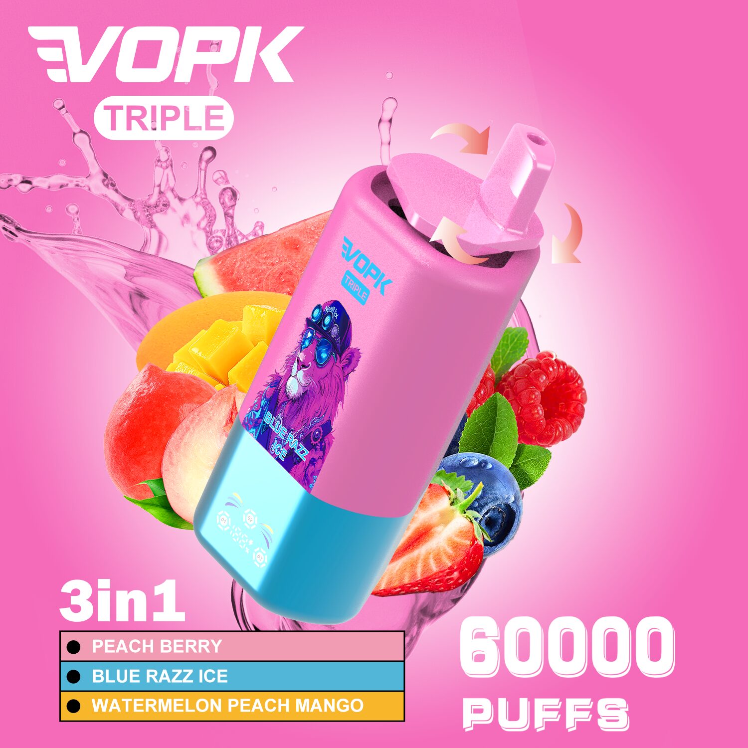 VOPK Triple 60000 60k Puffs 3 in 1 Flavors Newest Original Rechargeable LED Display Disposable Vape product image