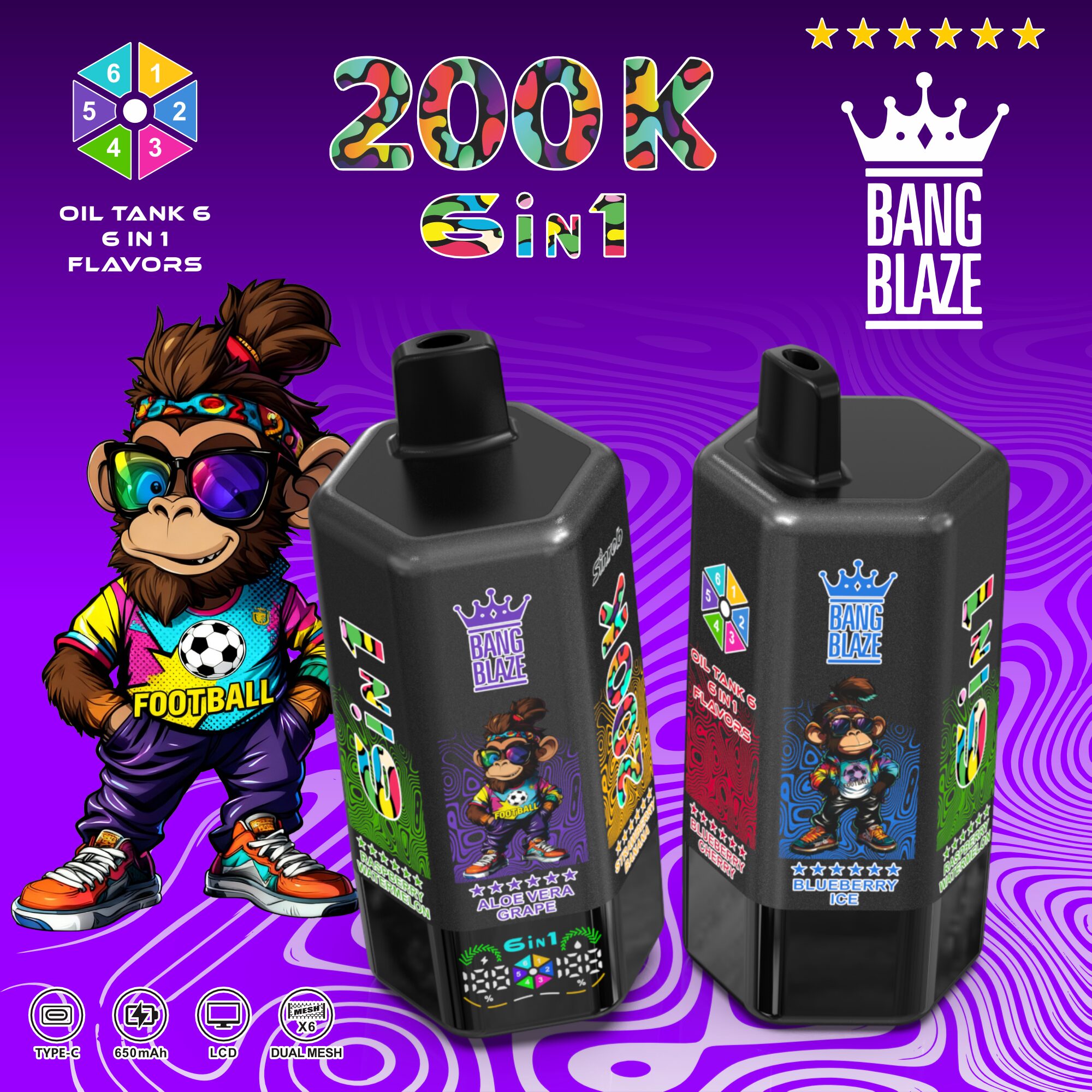 Bang Blaze 200000 200K Puffs 6 in 1 Flavors & 6 oil tanks Rechargeable LCD Display Disposable Vape product image