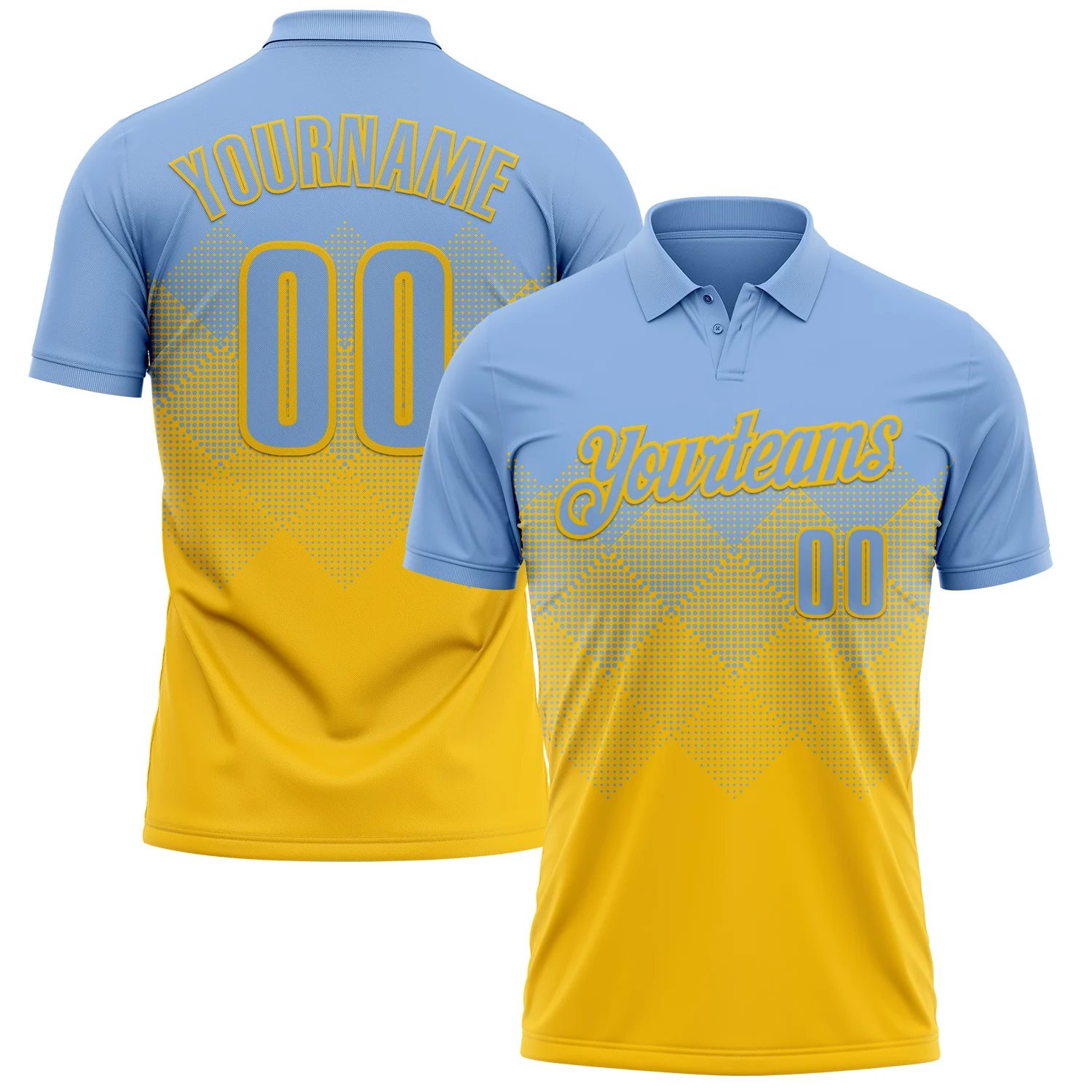 Custom Light Blue Yellow 3D Gradient Square Shape Performance Polo Shirt